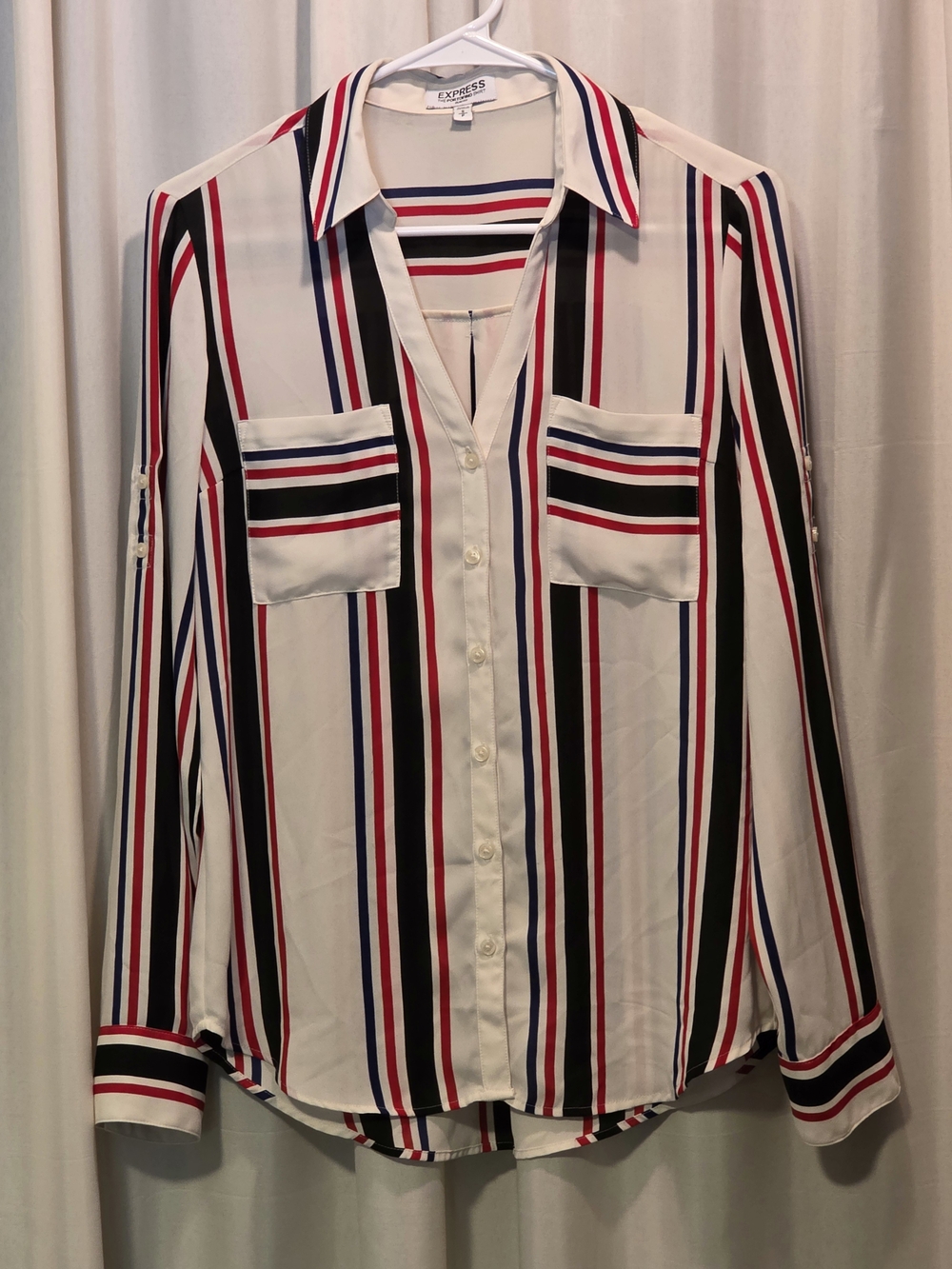 Express White Button-Down Shirt with Red, Navy & Black Stripes